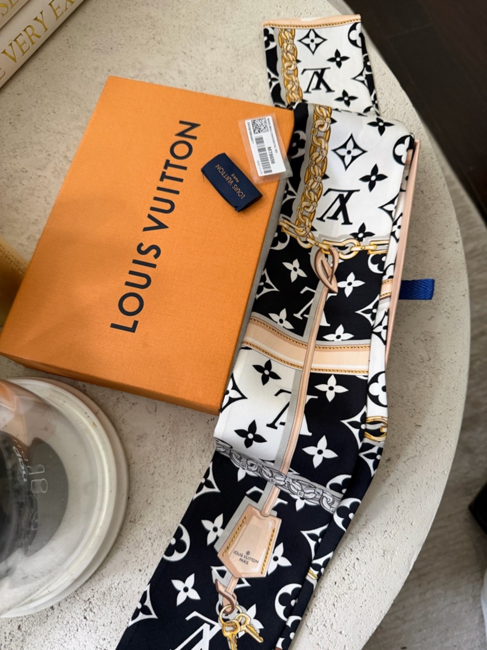 Louis Vuitton Black & White Monogram Silk Bandeau with Gold Chain Motif